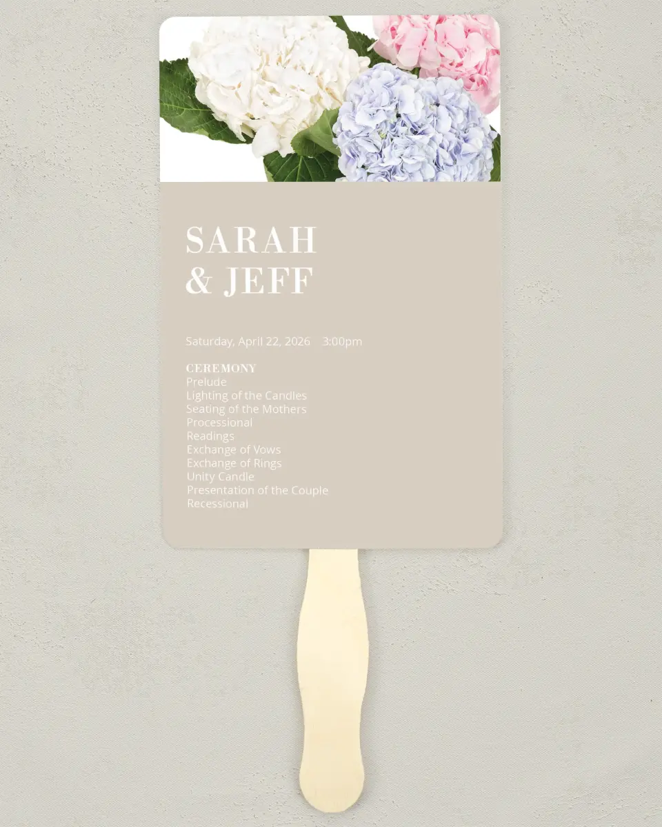 This is a 5" x 7⅞" Wedding Program Fan called Antique Hydrangea printed in full color on Premium Smooth paper