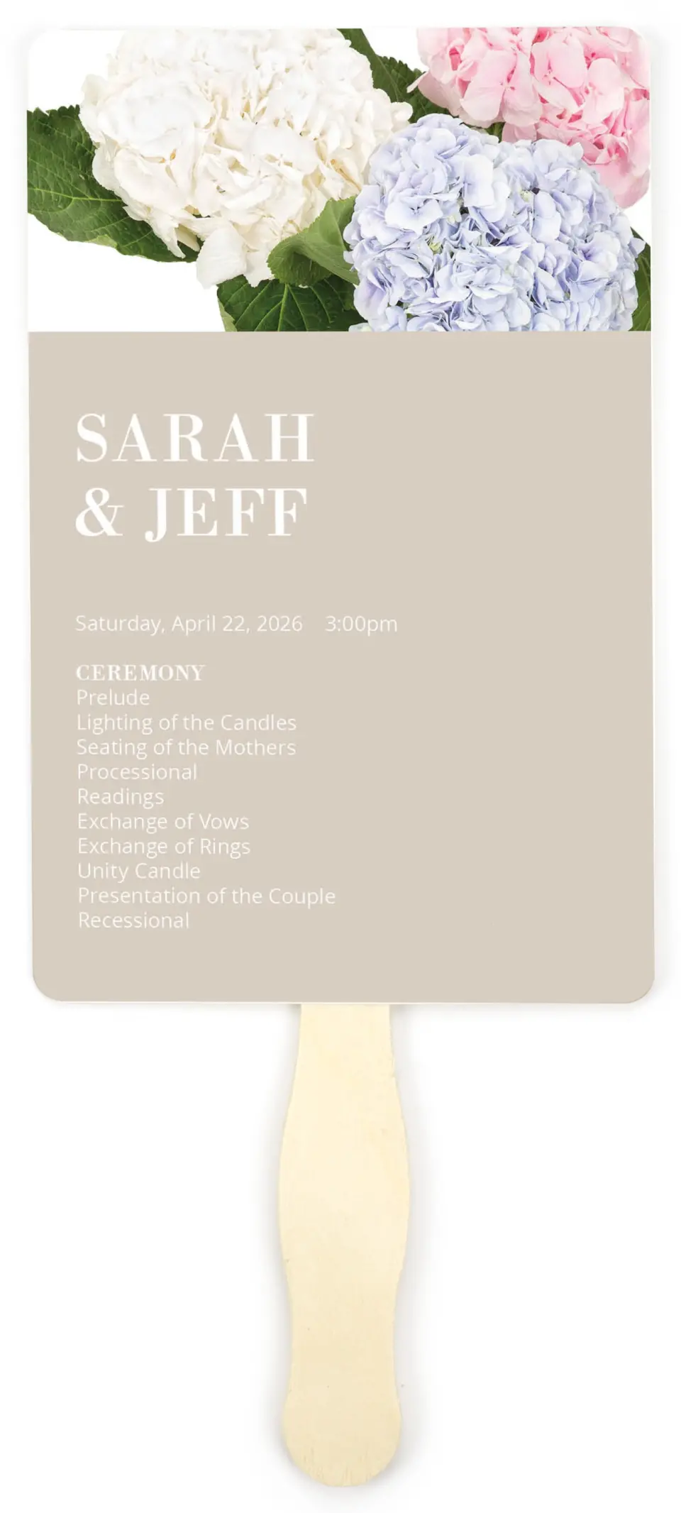 This is a 5" x 7⅞" Wedding Program Fan called Antique Hydrangea printed in full color on Premium Smooth paper