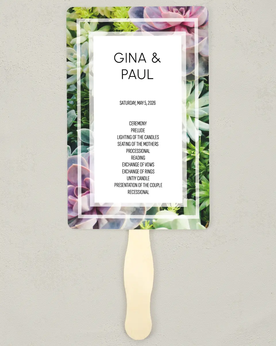 This is a 5" x 7⅞" Wedding Program Fan called Sophisticated Succulents printed in full color on Premium Smooth paper