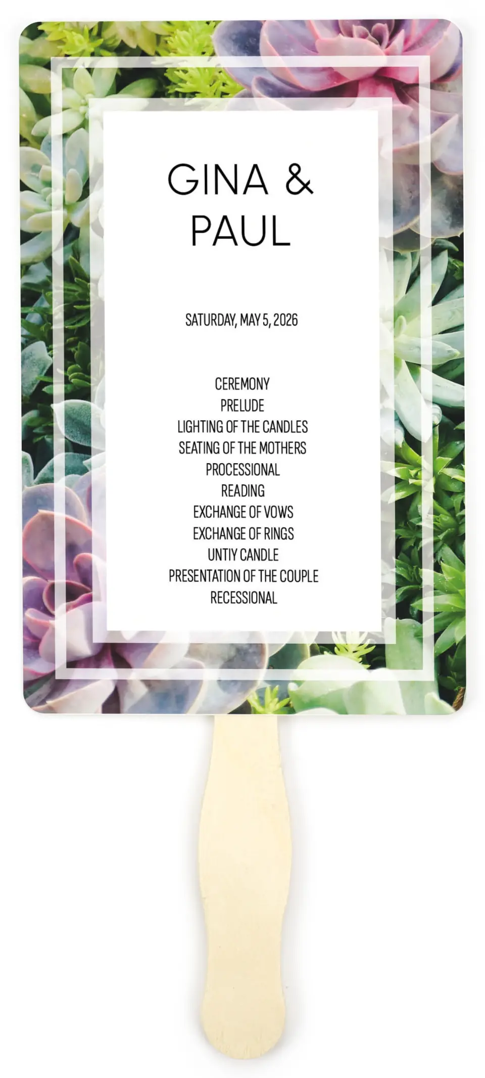 This is a 5" x 7⅞" Wedding Program Fan called Sophisticated Succulents printed in full color on Premium Smooth paper