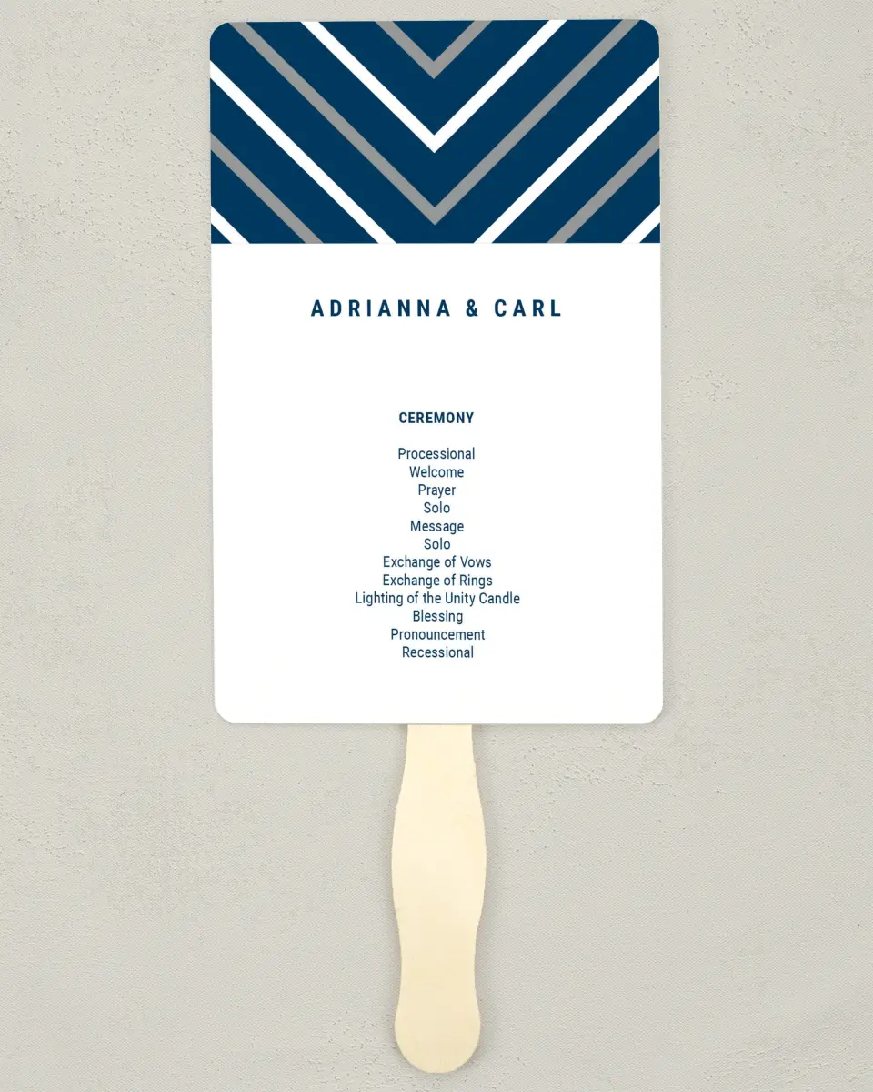 This is a 5" x 7⅞" Wedding Program Fan called Posh Chevron printed in full color with Silver foil on Luxe Satin (coated) paper