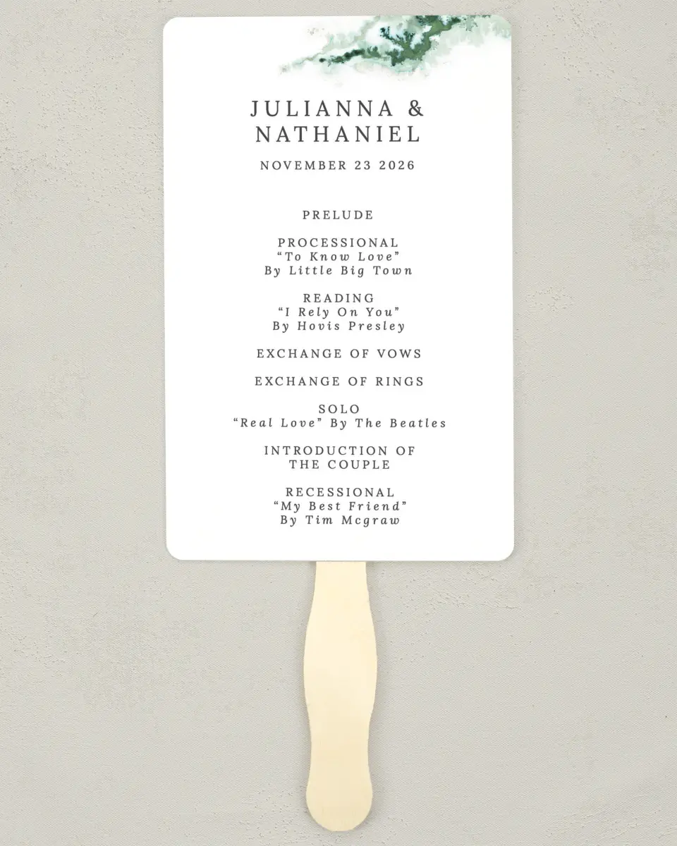 This is a 5" x 7⅞" Wedding Program Fan called Ethereal Pool printed in full color on Premium Smooth paper
