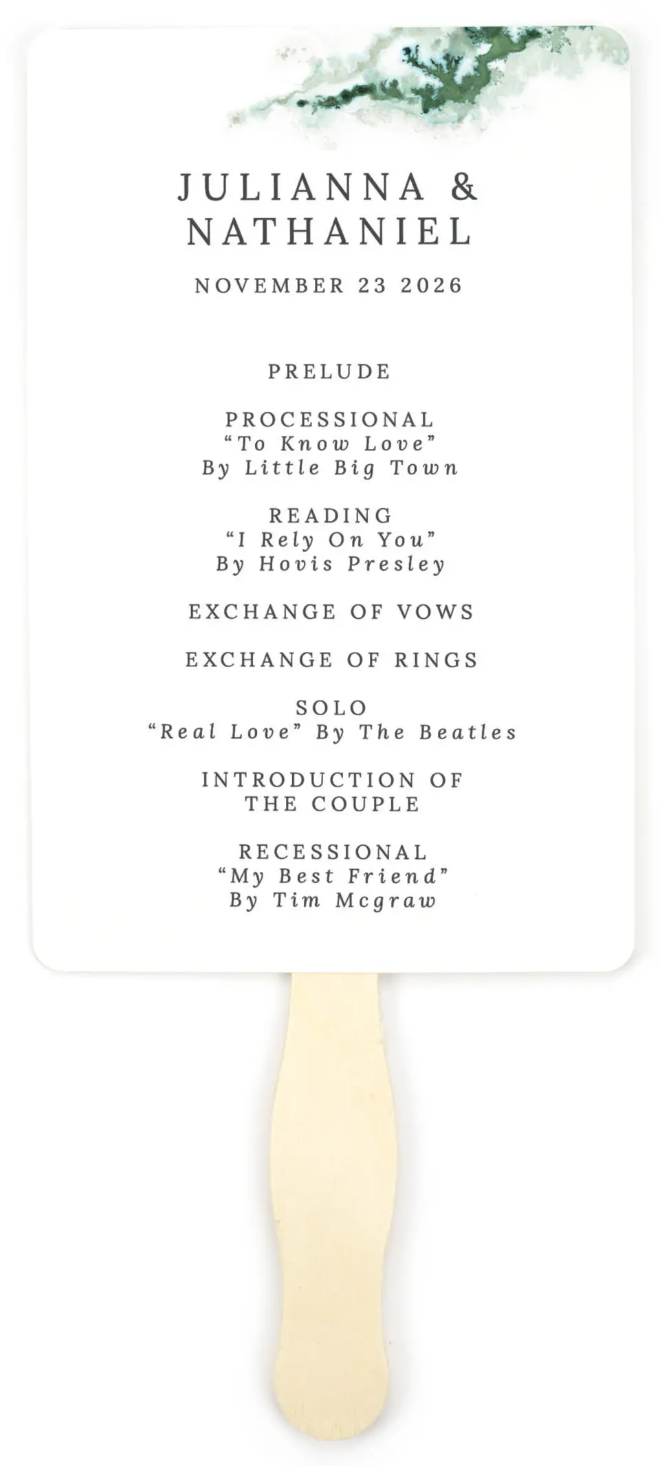 This is a 5" x 7⅞" Wedding Program Fan called Ethereal Pool printed in full color on Premium Smooth paper