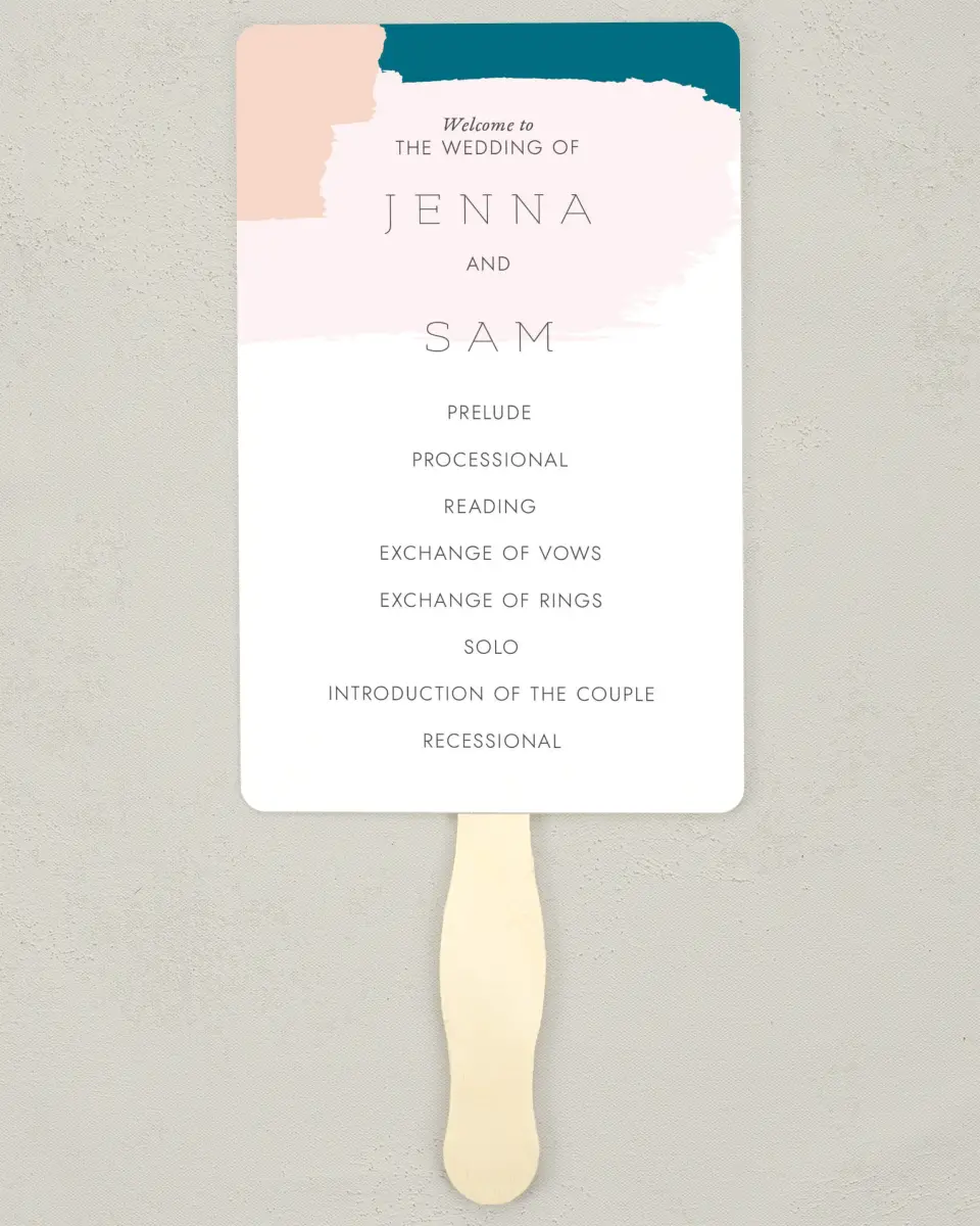 This is a 5" x 7⅞" Wedding Program Fan called Bold Brushstrokes printed in full color with Silver foil on Luxe Satin (coated) paper