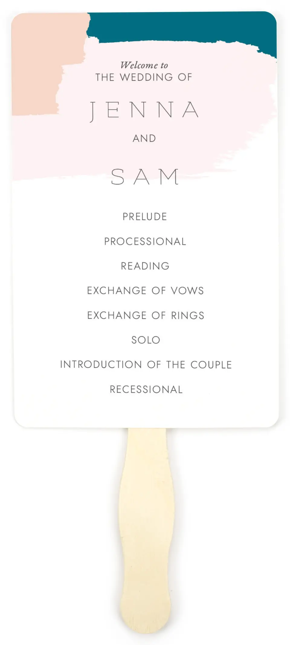 This is a 5" x 7⅞" Wedding Program Fan called Bold Brushstrokes printed in full color on Premium Smooth paper
