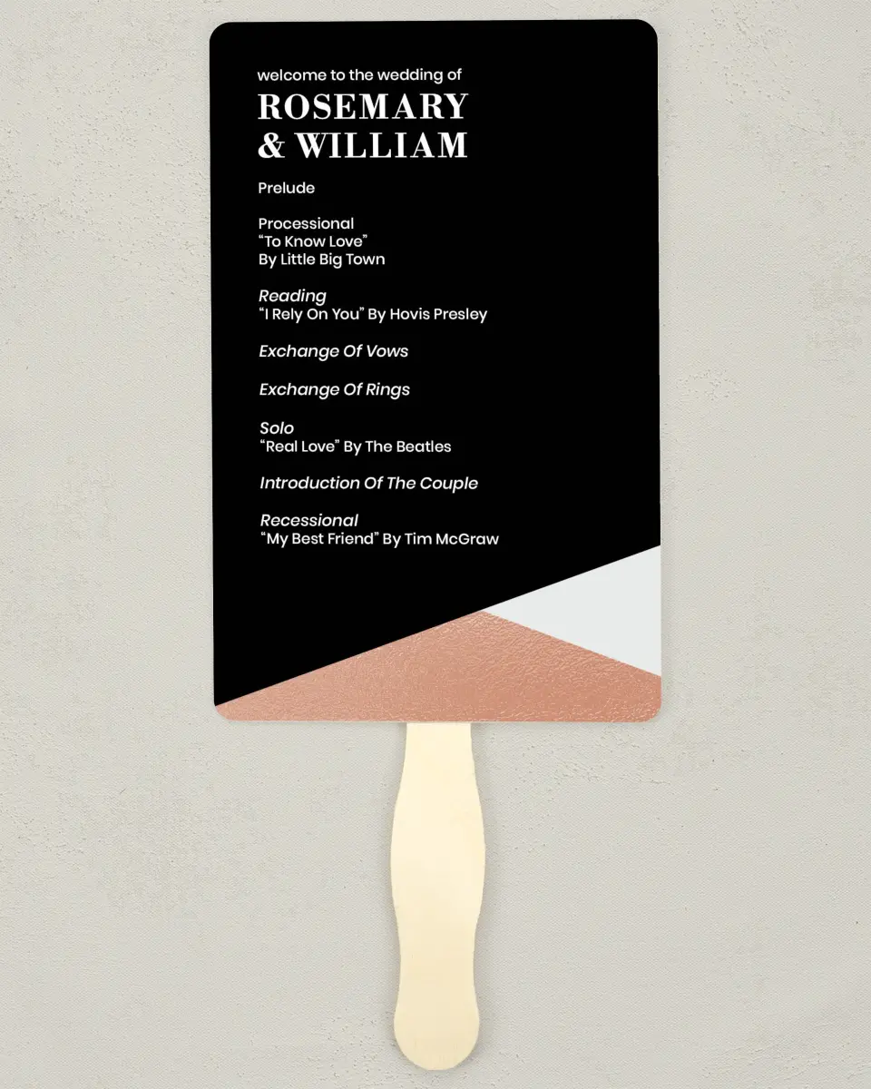 This is a 5" x 7⅞" Wedding Program Fan called Luster Opulence printed in full color on Premium Smooth paper