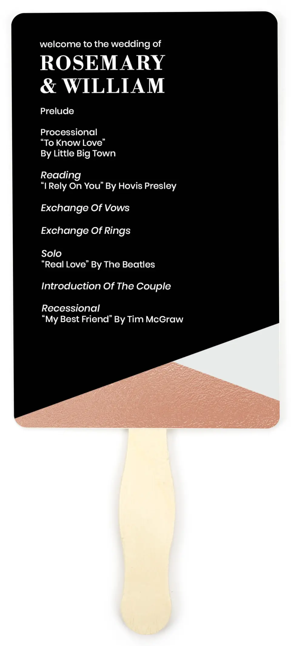 This is a 5" x 7⅞" Wedding Program Fan called Luster Opulence printed in full color on Premium Smooth paper