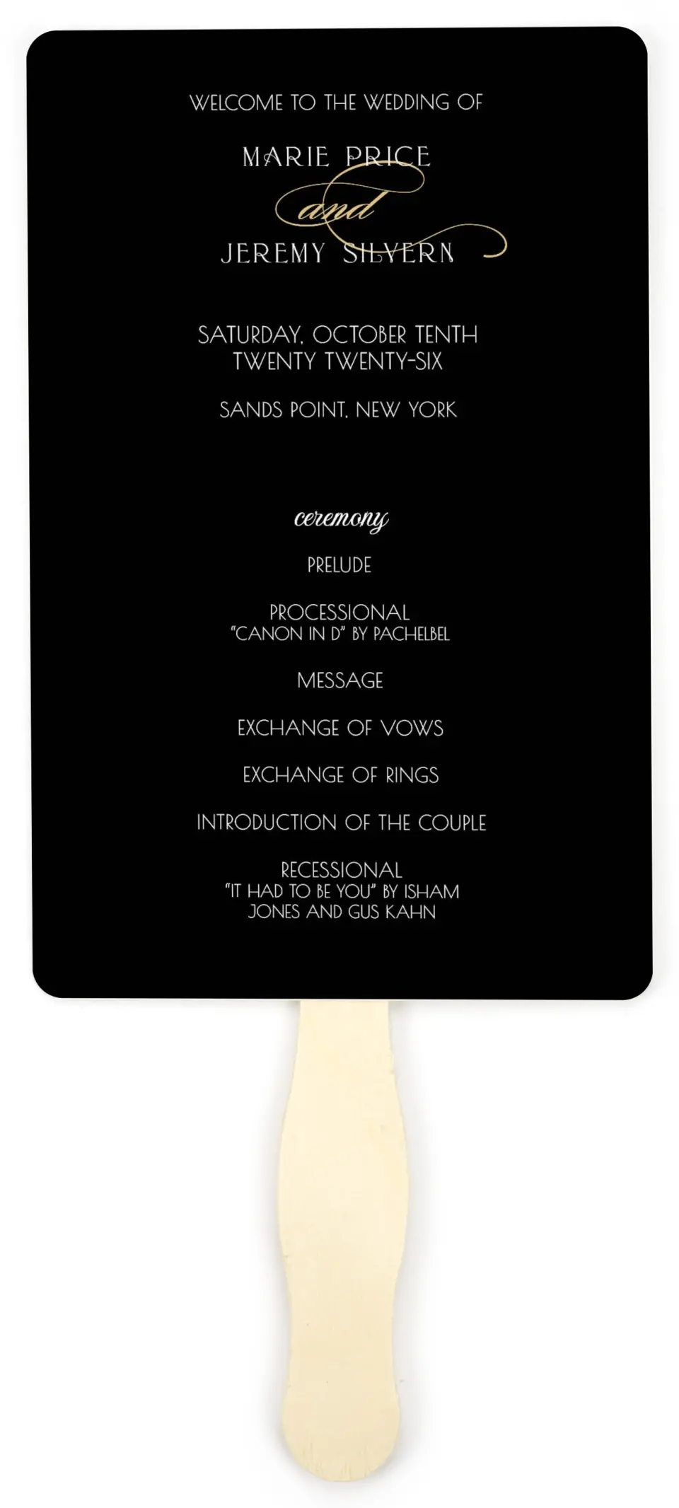 This is a 5" x 7⅞" Wedding Program Fan called Spectacular Romance printed in full color on Premium Smooth paper