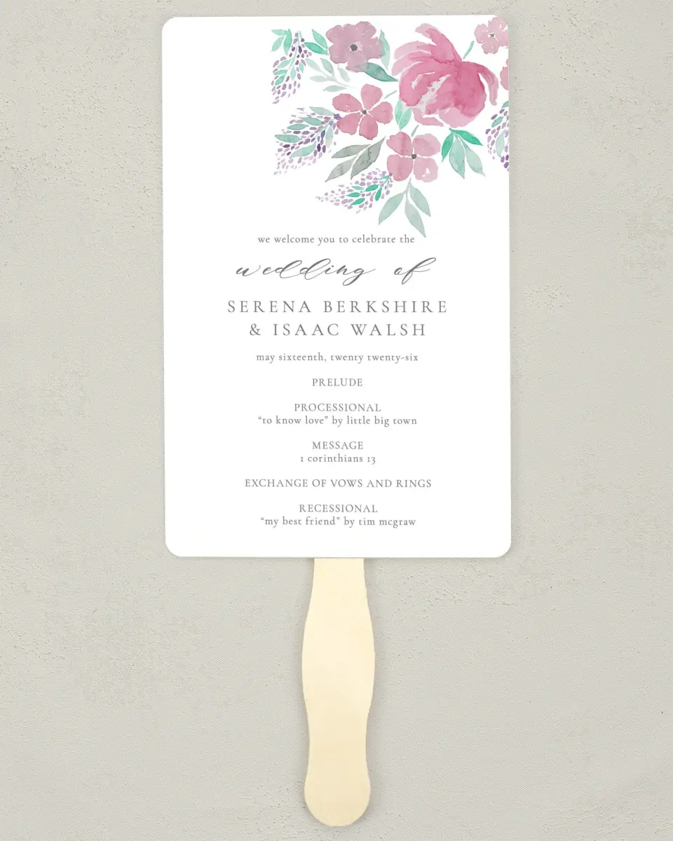 This is a 5" x 7⅞" Wedding Program Fan called Antique Splendor printed in full color on Premium Smooth paper