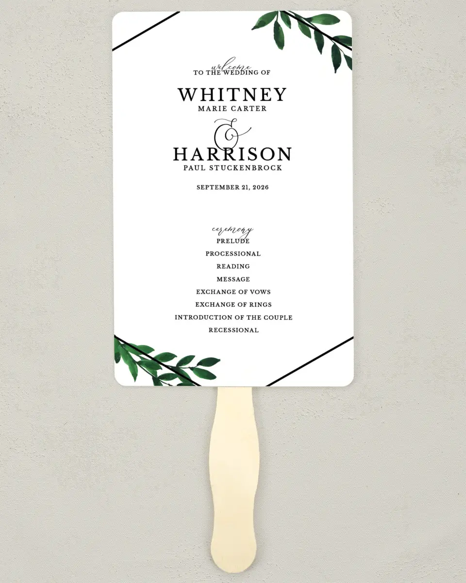 This is a 5" x 7⅞" Wedding Program Fan called Wispy Greenery printed in full color with Silver foil on Luxe Satin (coated) paper
