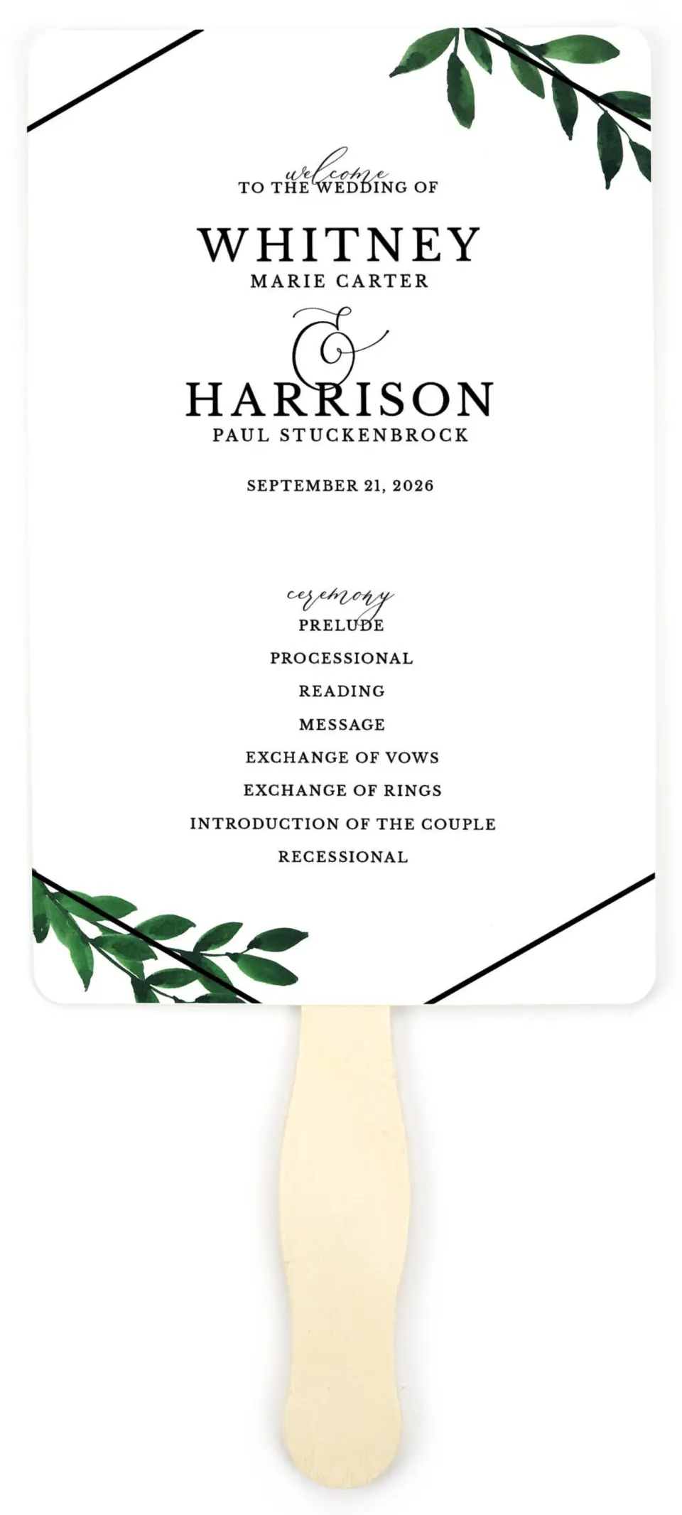 This is a 5" x 7⅞" Wedding Program Fan called Wispy Greenery printed in full color on Premium Smooth paper