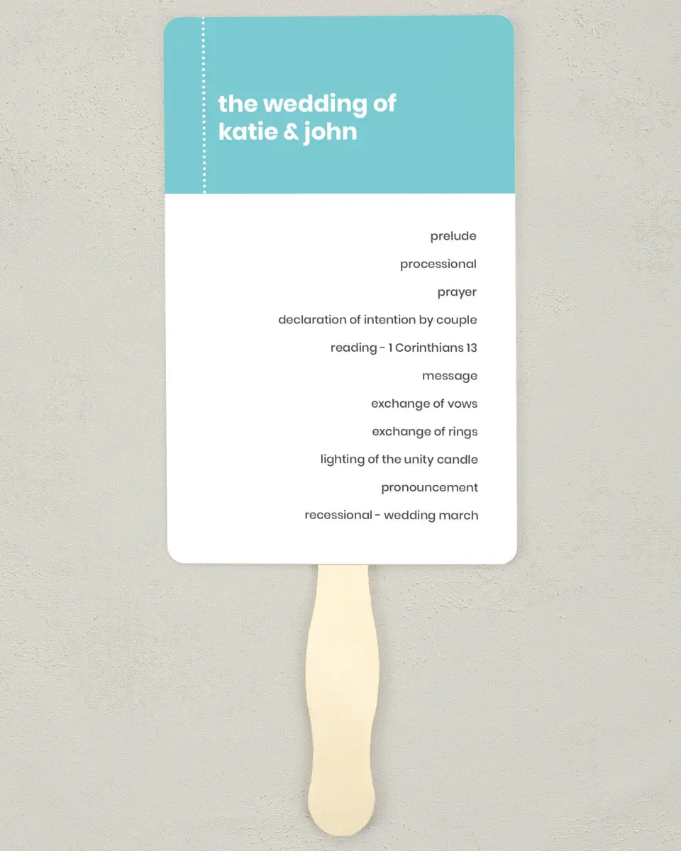 This is a 5" x 7⅞" Wedding Program Fan called Mod Blocks printed in full color with Silver foil on Luxe Satin (coated) paper