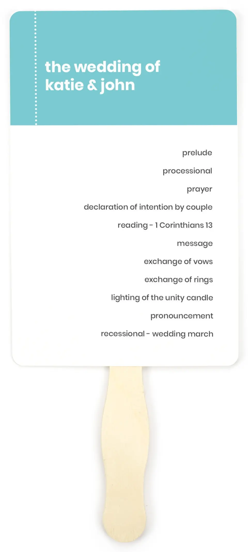This is a 5" x 7⅞" Wedding Program Fan called Mod Blocks printed in full color on Premium Smooth paper