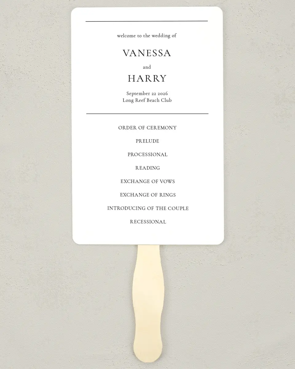 This is a 5" x 7⅞" Wedding Program Fan called Lovely Blush printed in full color on Premium Smooth paper
