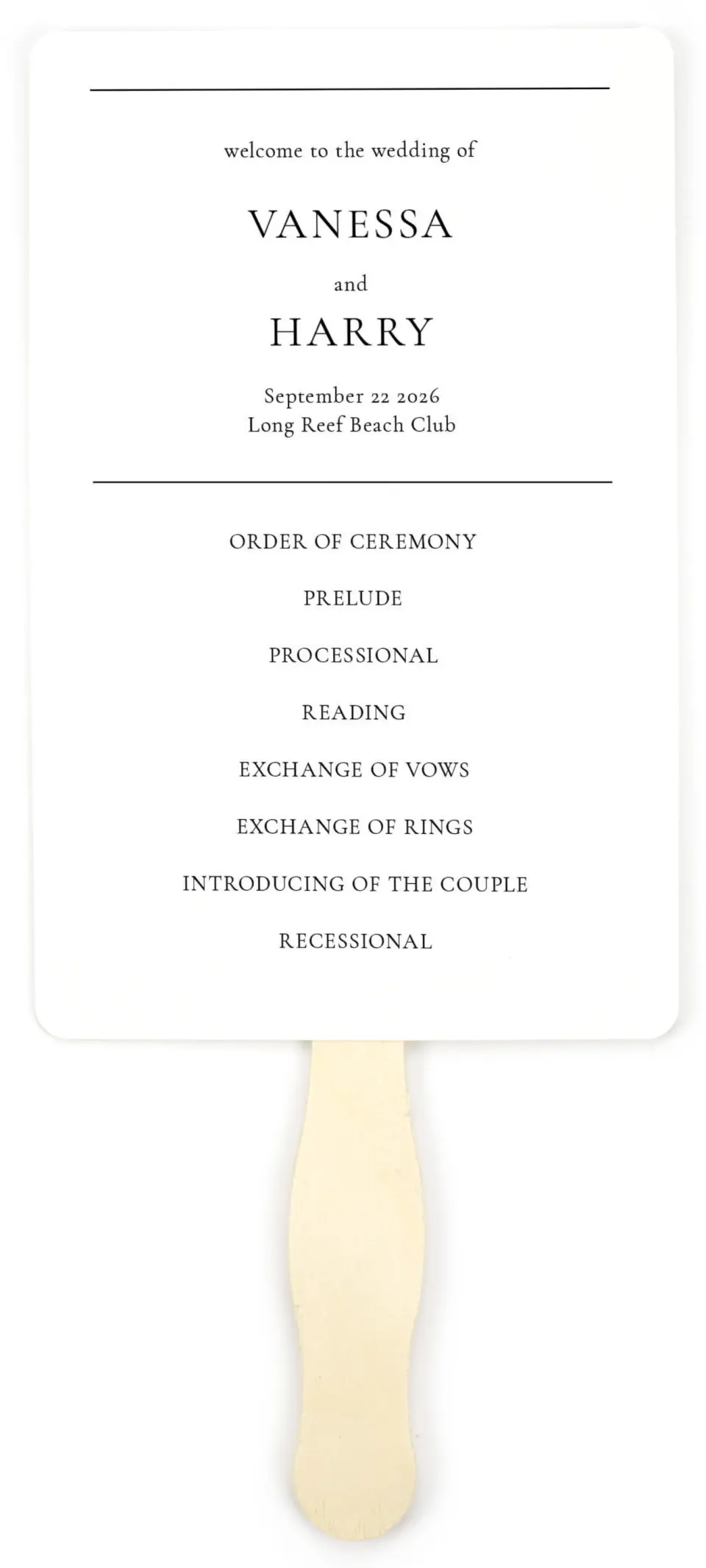 This is a 5" x 7⅞" Wedding Program Fan called Lovely Blush printed in full color on Premium Smooth paper