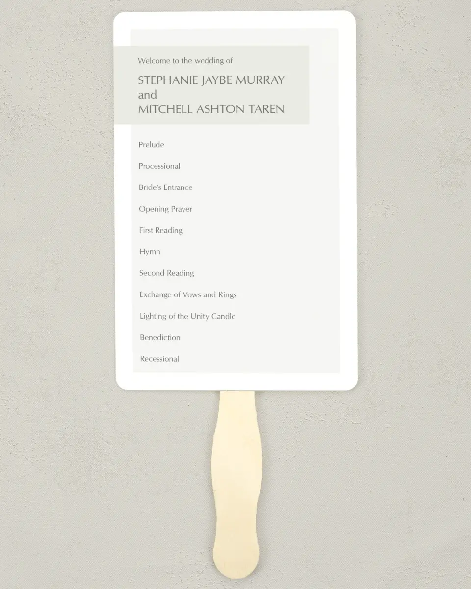This is a 5" x 7⅞" Wedding Program Fan called Exquisitely Simple printed in full color with Silver foil on Luxe Satin (coated) paper
