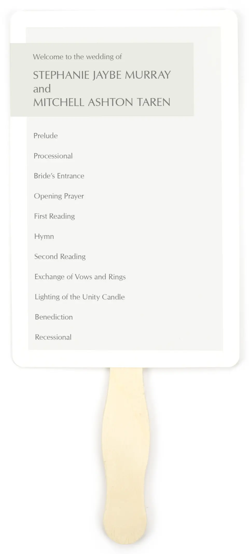 This is a 5" x 7⅞" Wedding Program Fan called Exquisitely Simple printed in full color on Premium Smooth paper