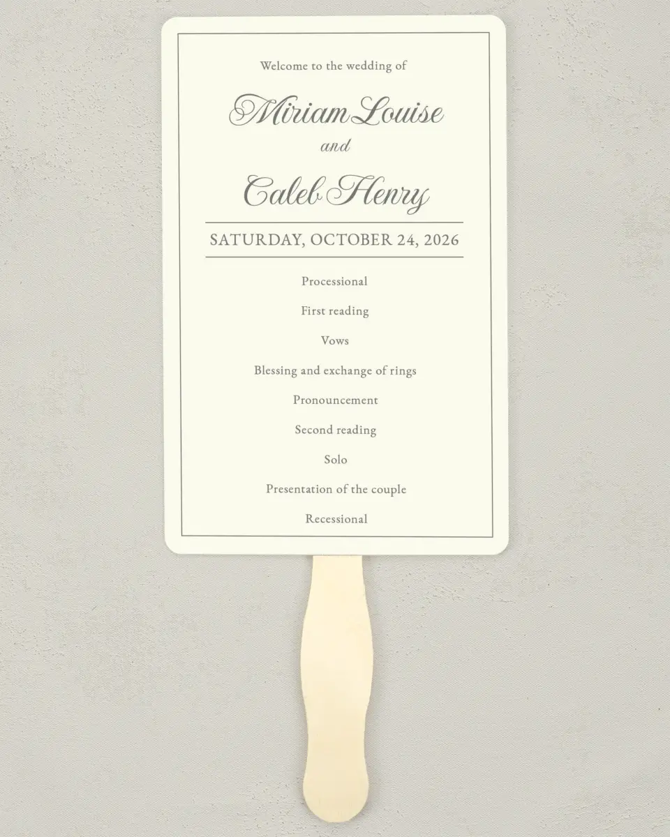 This is a 5" x 7⅞" Wedding Program Fan called Classic Devotion printed in full color on Premium Smooth paper