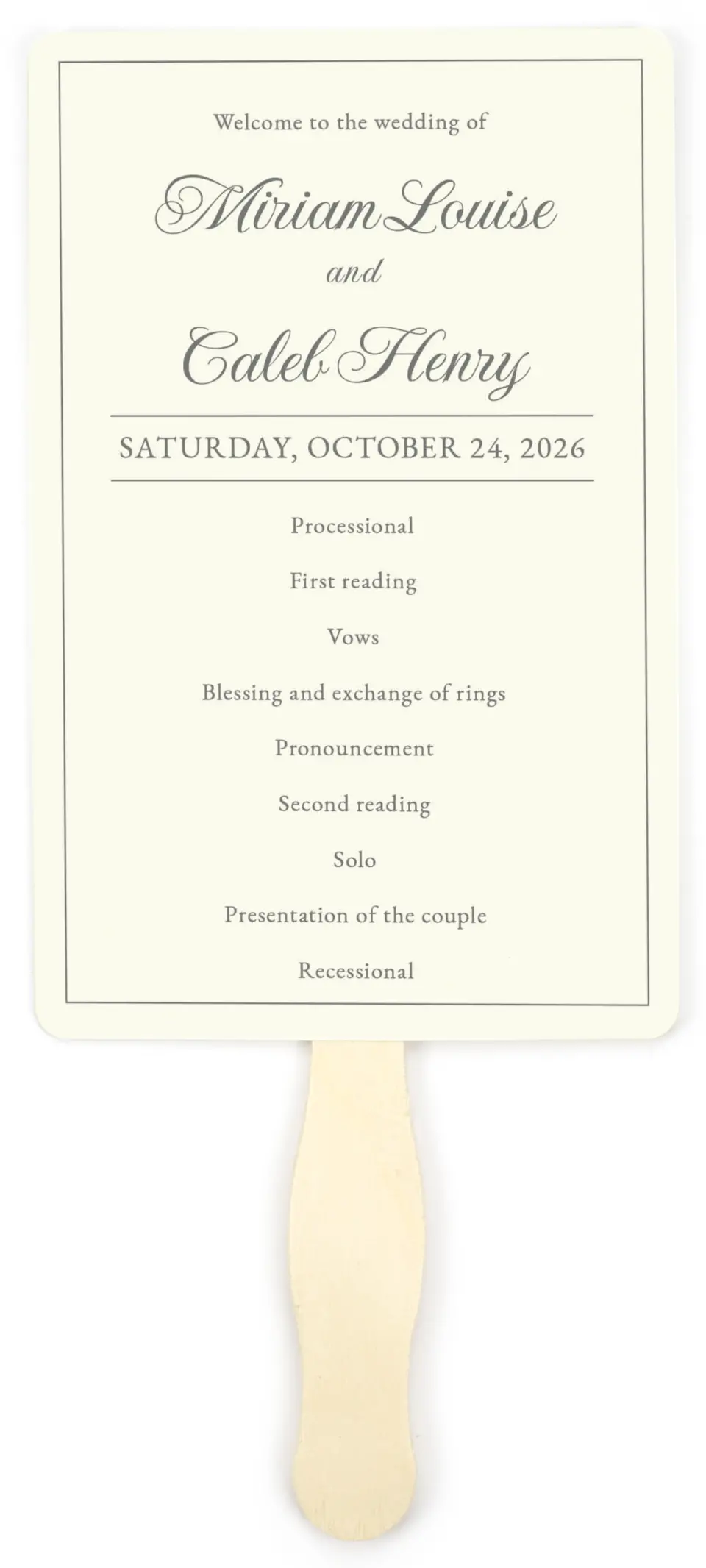 This is a 5" x 7⅞" Wedding Program Fan called Classic Devotion printed in full color on Premium Smooth paper