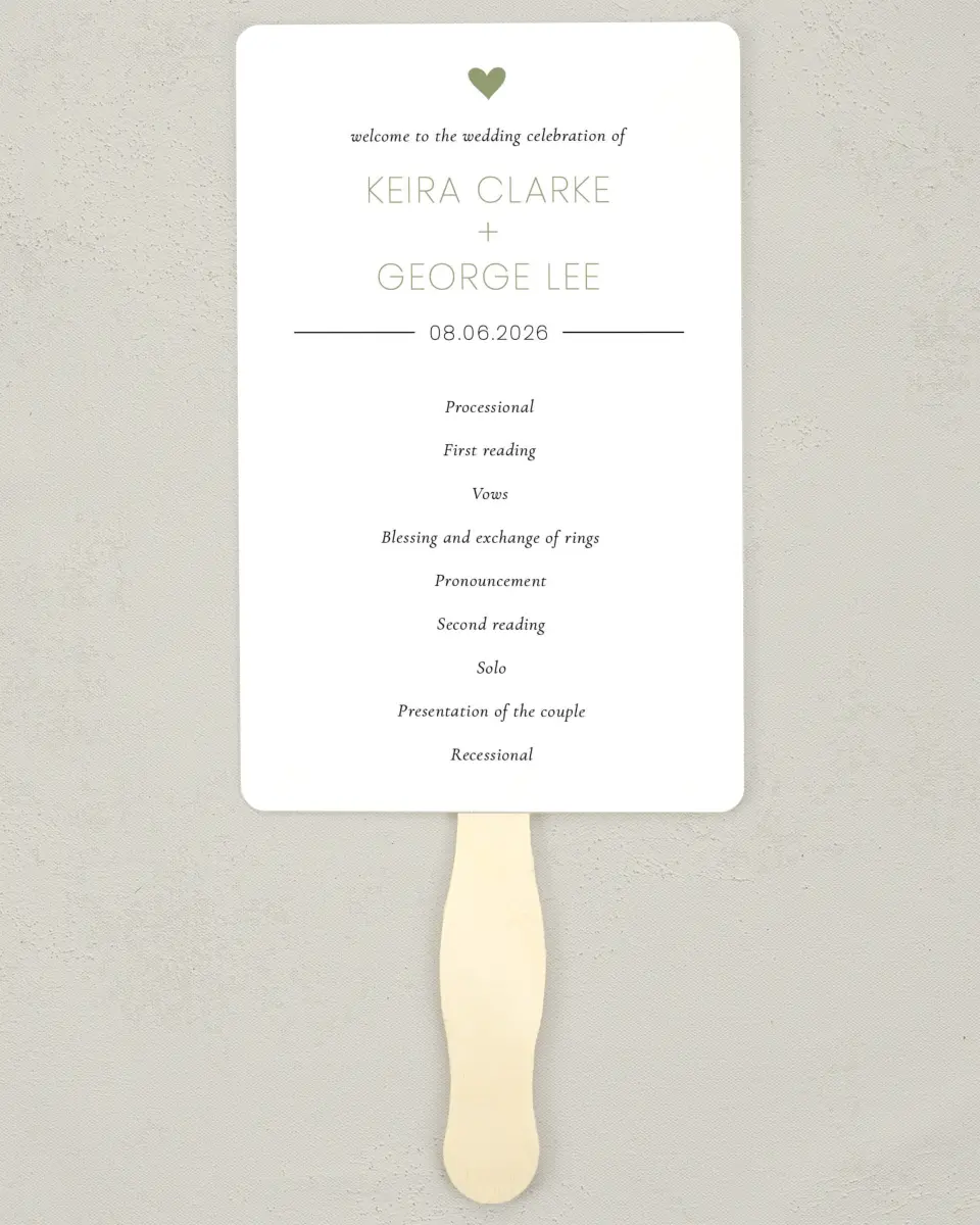 This is a 5" x 7⅞" Wedding Program Fan called Heavenly Hearts printed in full color on Premium Smooth paper
