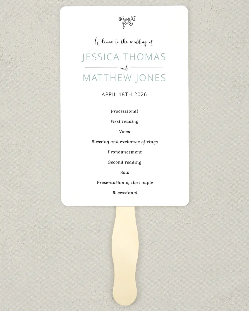 This is a 5" x 7⅞" Wedding Program Fan called Cool Blooms printed in full color with Silver foil on Luxe Satin (coated) paper