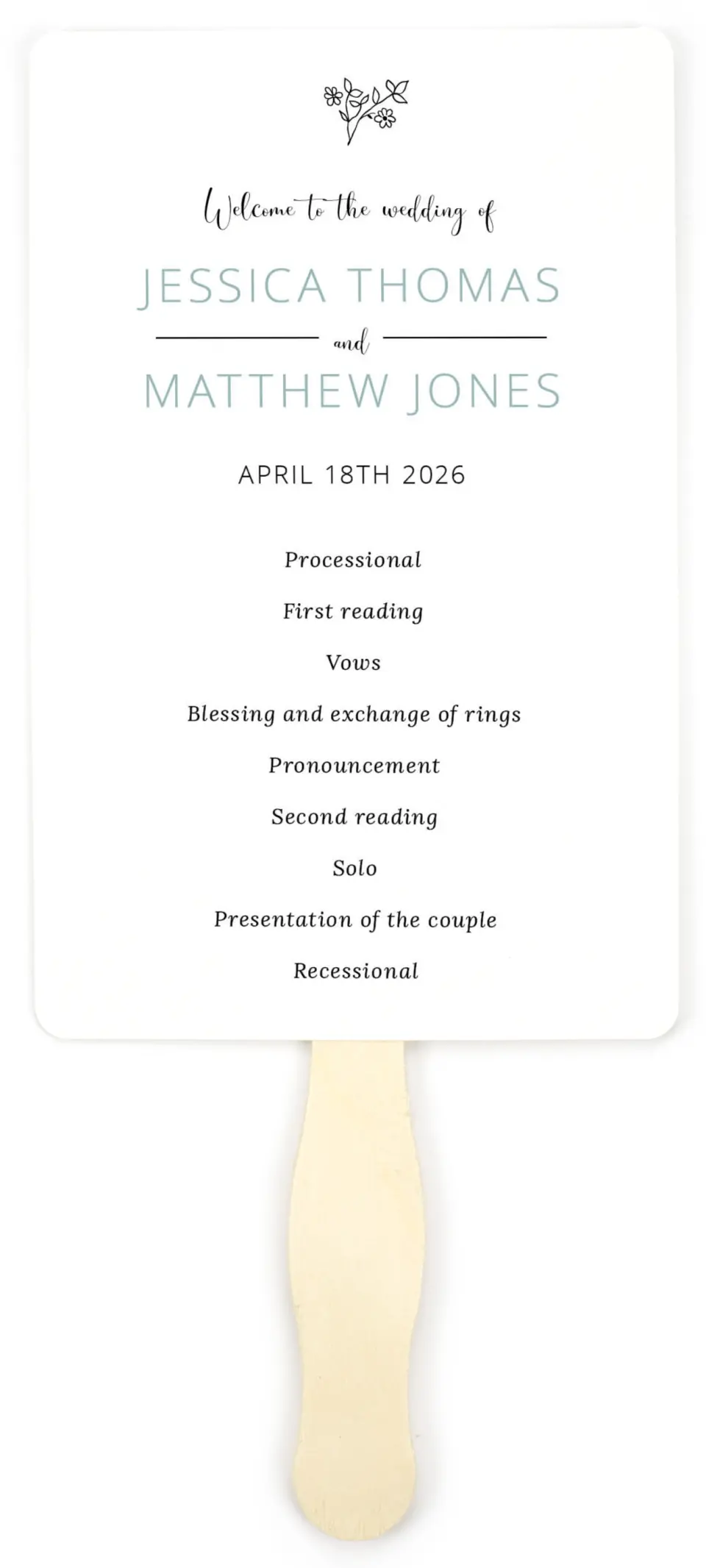 This is a 5" x 7⅞" Wedding Program Fan called Cool Blooms printed in full color with Gold foil on Luxe Satin (coated) paper