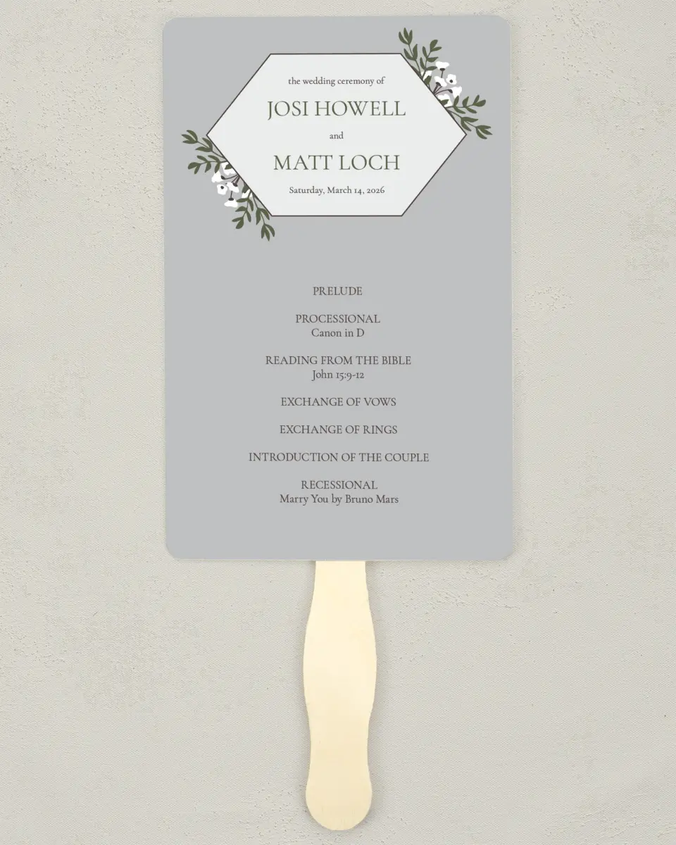 This is a 5" x 7⅞" Wedding Program Fan called Floral Bliss printed in full color with Silver foil on Luxe Satin (coated) paper
