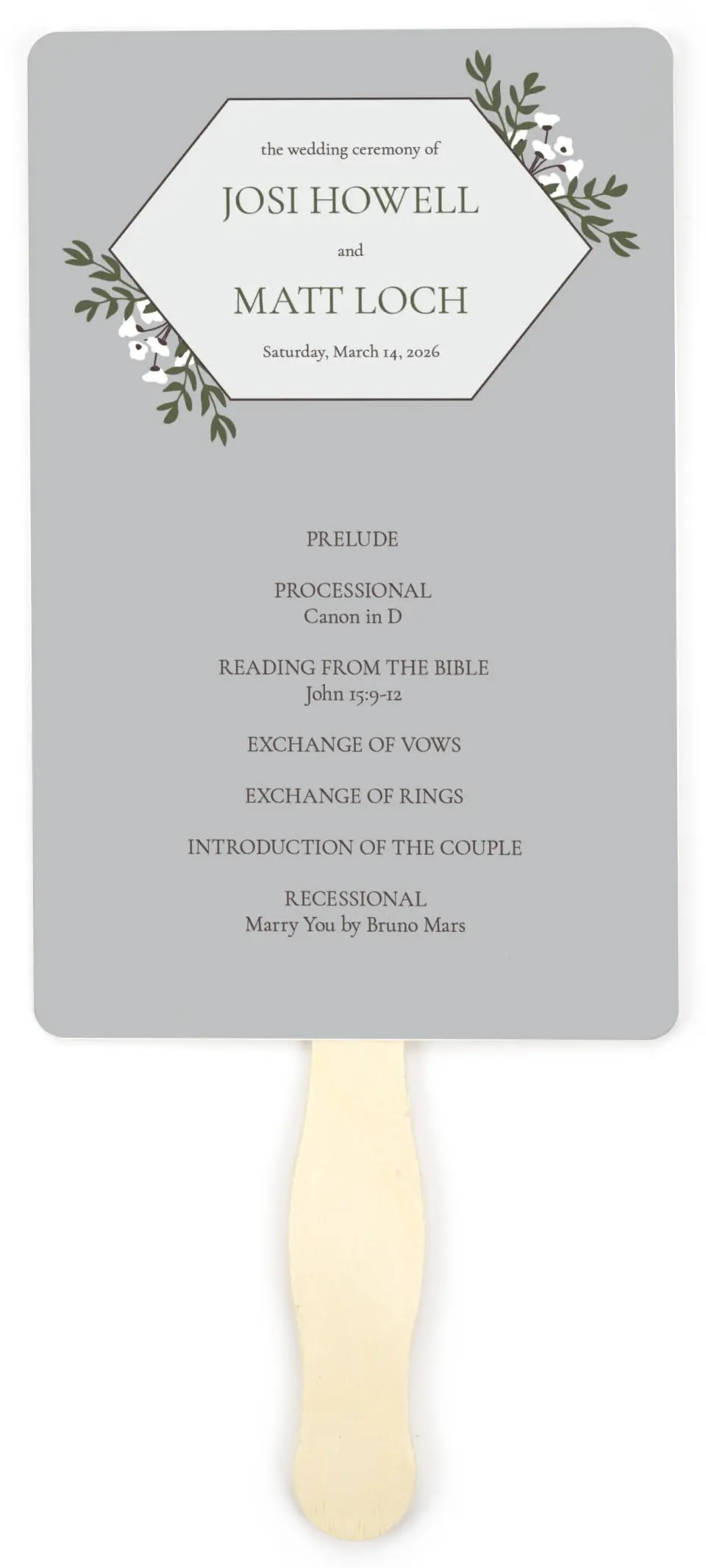 This is a 5" x 7⅞" Wedding Program Fan called Floral Bliss printed in full color on Premium Smooth paper