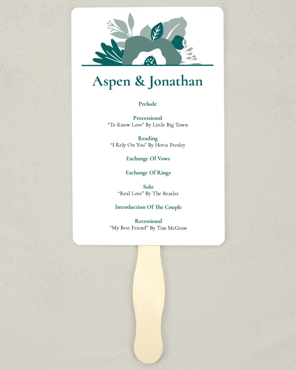 This is a 5" x 7⅞" Wedding Program Fan called Blooming Delight printed in full color with Silver foil on Luxe Satin (coated) paper