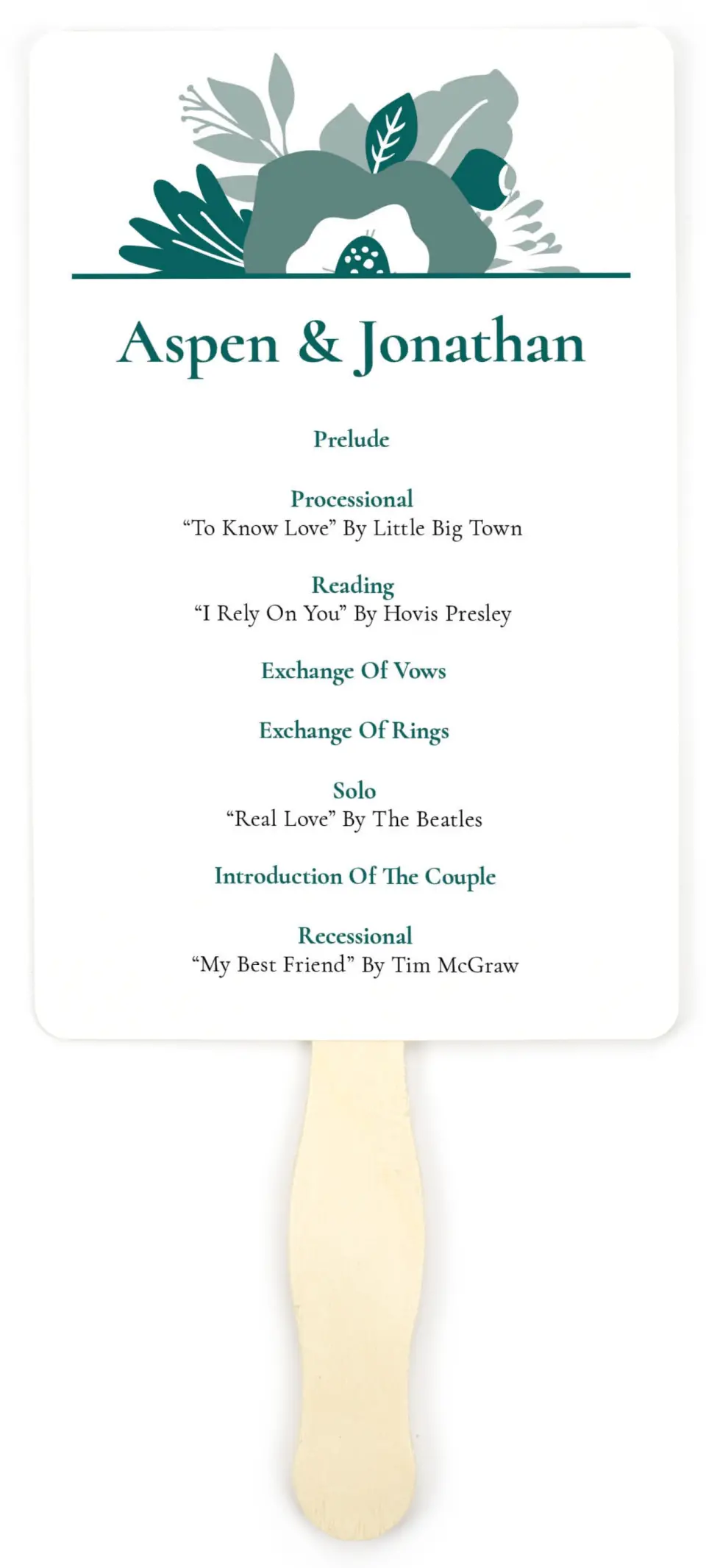 This is a 5" x 7⅞" Wedding Program Fan called Blooming Delight printed in full color on Premium Smooth paper