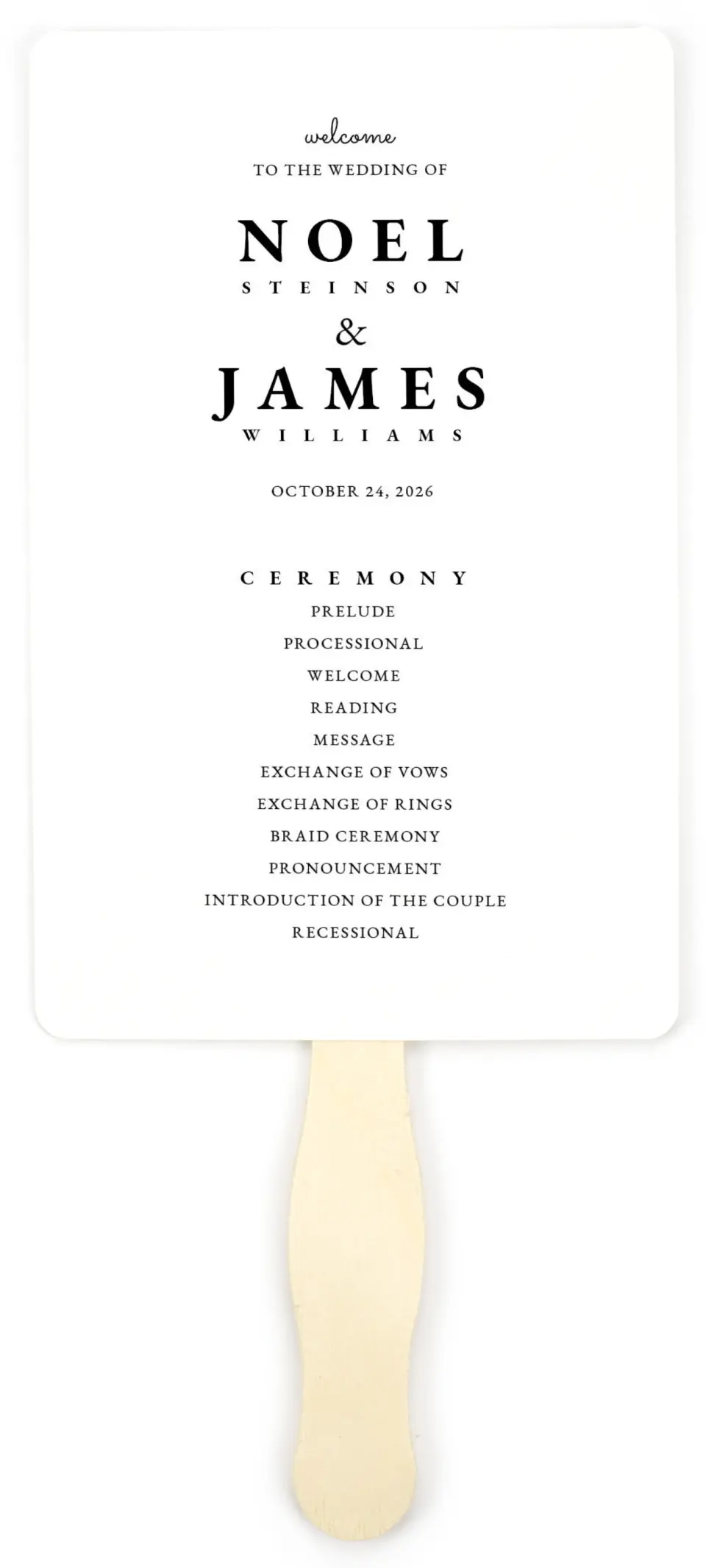 This is a 5" x 7⅞" Wedding Program Fan called Lavish Leaves printed in full color with Gold foil on Luxe Satin (coated) paper