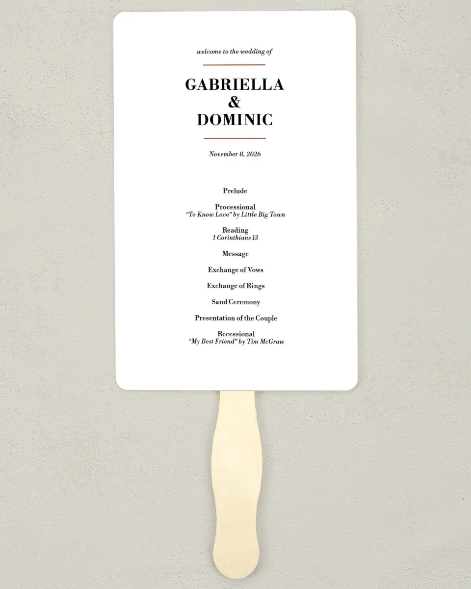 This is a 5" x 7⅞" Wedding Program Fan called Graceful Frame printed in full color on Premium Smooth paper