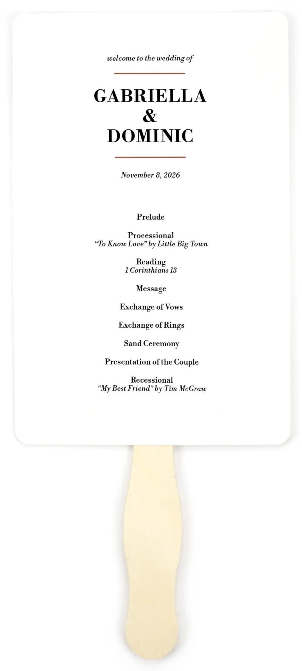 This is a 5" x 7⅞" Wedding Program Fan called Graceful Frame printed in full color on Premium Smooth paper