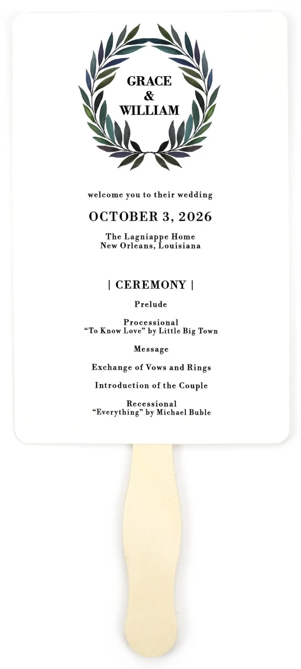 This is a 5" x 7⅞" Wedding Program Fan called Laurel Crown printed in full color on Premium Smooth paper