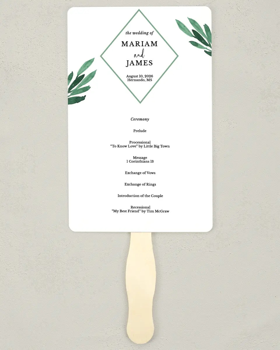 This is a 5" x 7⅞" Wedding Program Fan called Breathtaking Boughs printed in full color on Premium Smooth paper
