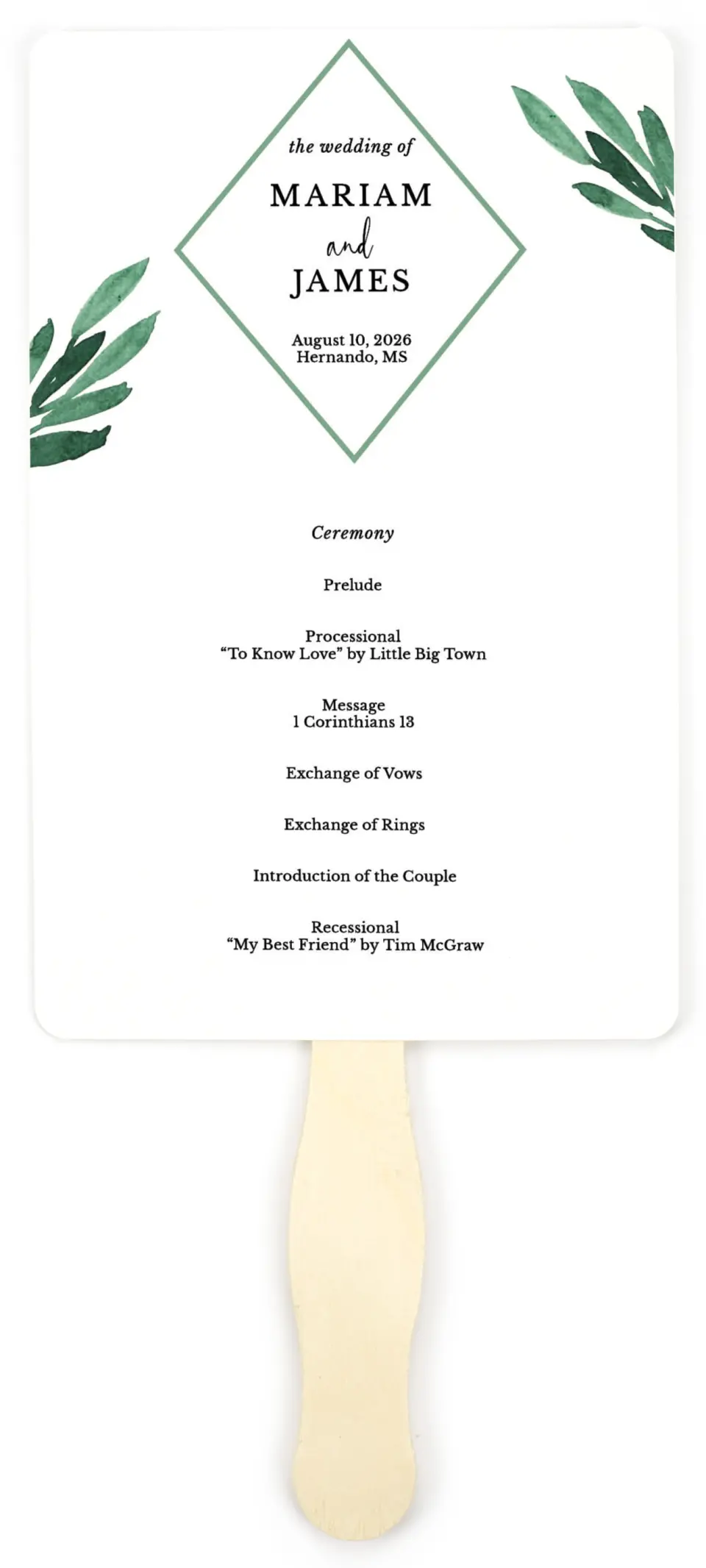 This is a 5" x 7⅞" Wedding Program Fan called Breathtaking Boughs printed in full color on Premium Smooth paper