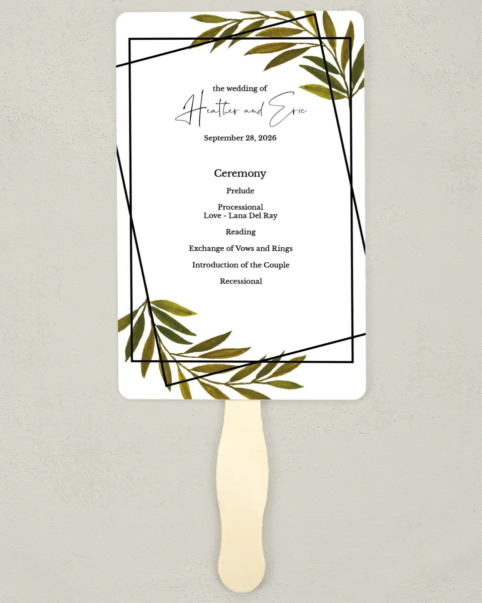 This is a 5" x 7⅞" Wedding Program Fan called Gilded Sage printed in full color on Premium Smooth paper