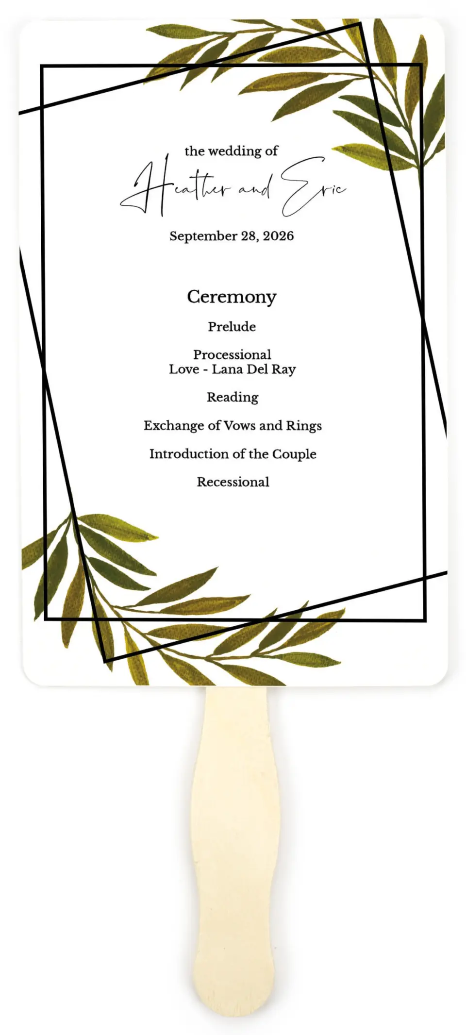 This is a 5" x 7⅞" Wedding Program Fan called Gilded Sage printed in full color on Premium Smooth paper