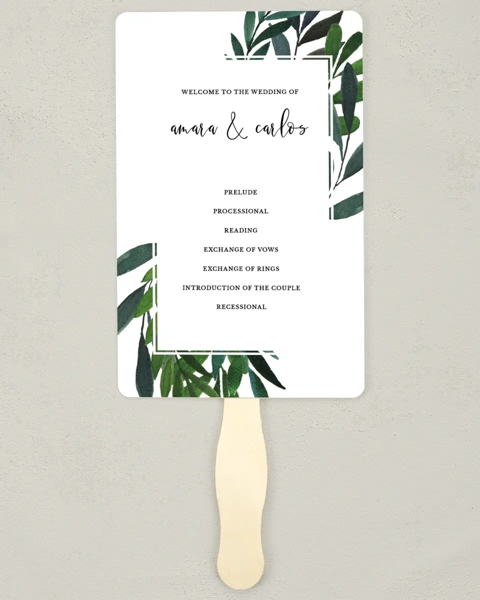 This is a 5" x 7⅞" Wedding Program Fan called Painted Greens printed in full color with Silver foil on Luxe Satin (coated) paper