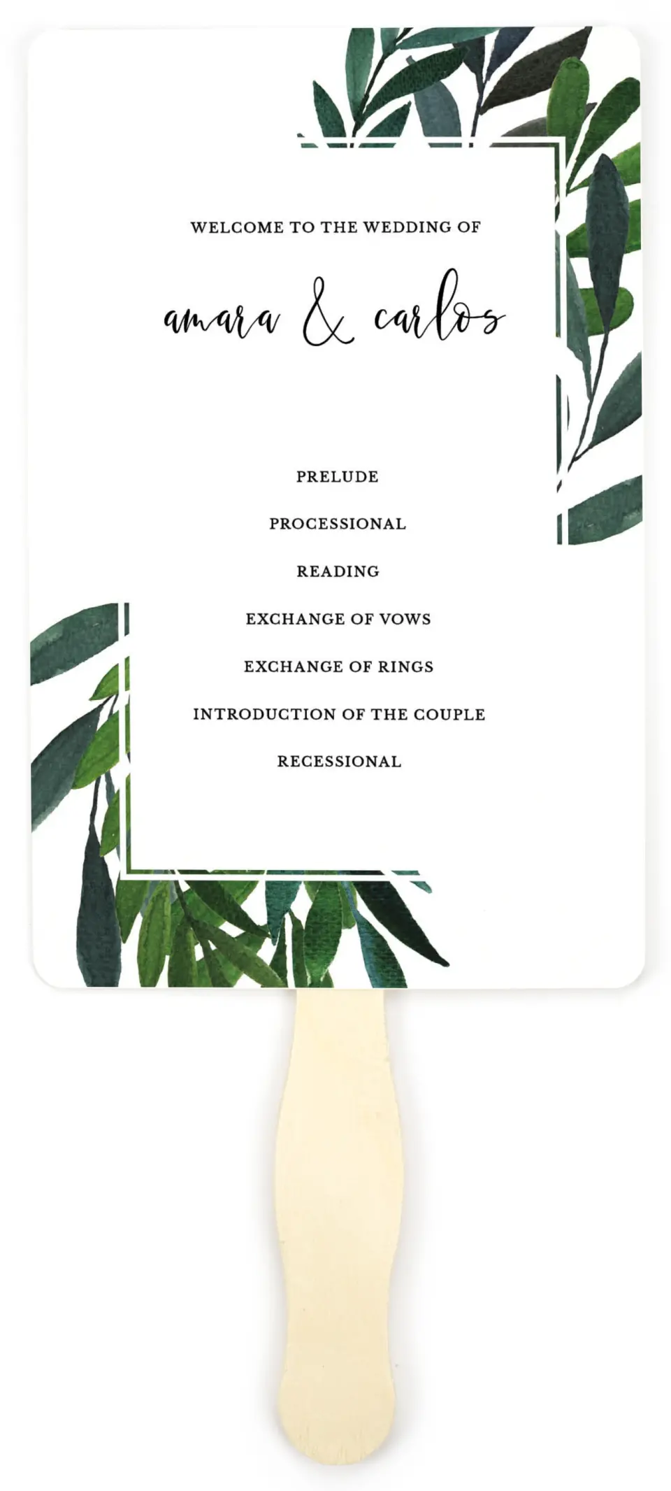 This is a 5" x 7⅞" Wedding Program Fan called Painted Greens printed in full color on Premium Smooth paper