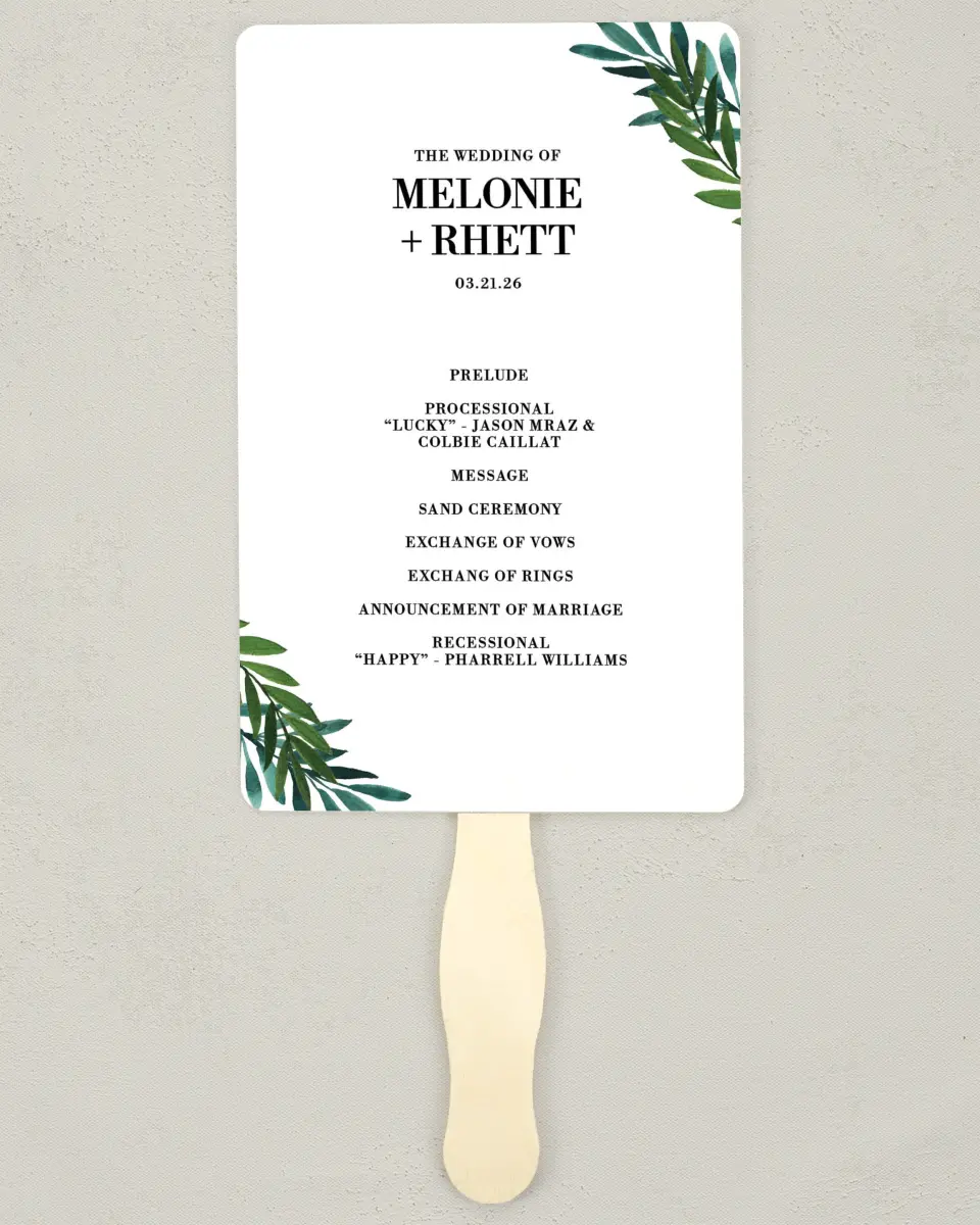 This is a 5" x 7⅞" Wedding Program Fan called Sweet Eternity printed in full color with Silver foil on Luxe Satin (coated) paper