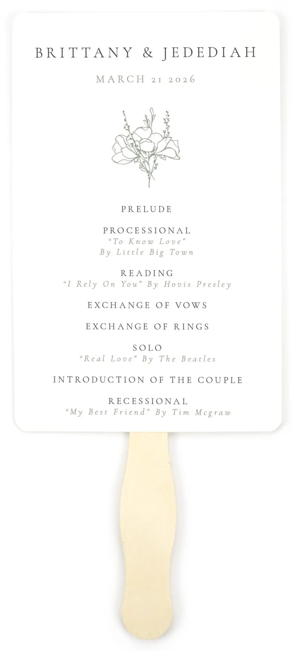 This is a 5" x 7⅞" Wedding Program Fan called Poetic Bloom printed in full color on Premium Smooth paper