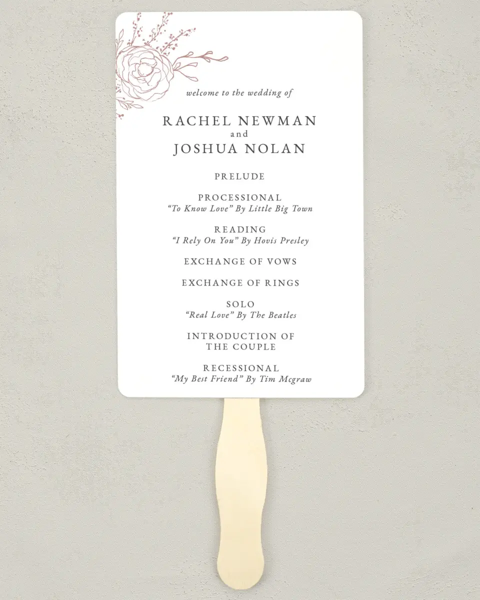 This is a 5" x 7⅞" Wedding Program Fan called Blooming Rose printed in full color on Premium Smooth paper