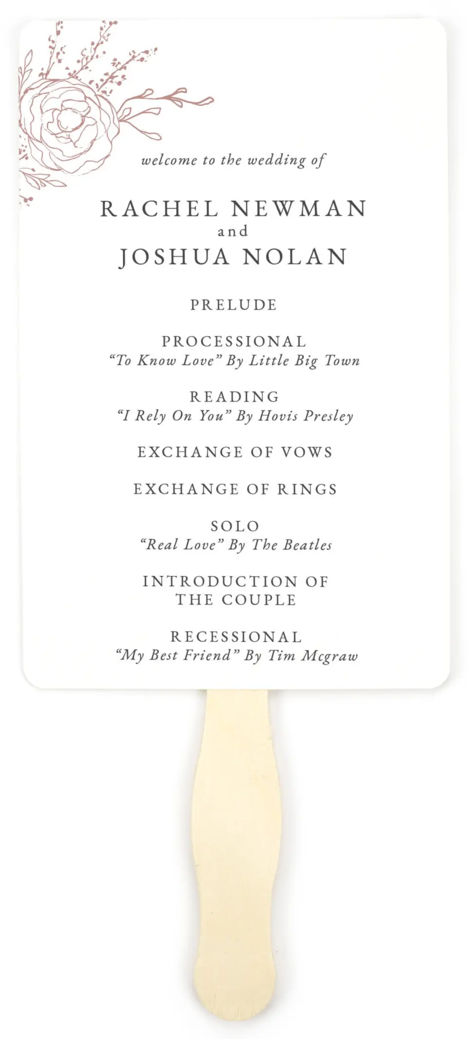 This is a 5" x 7⅞" Wedding Program Fan called Blooming Rose printed in full color on Premium Smooth paper