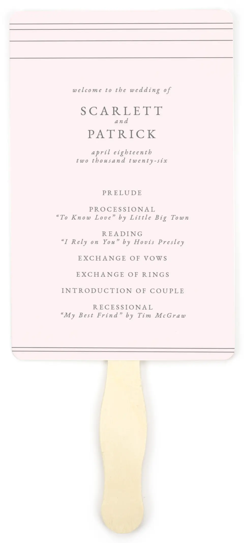 This is a 5" x 7⅞" Wedding Program Fan called Harmonious Stripes printed in full color with Gold foil on Luxe Satin (coated) paper