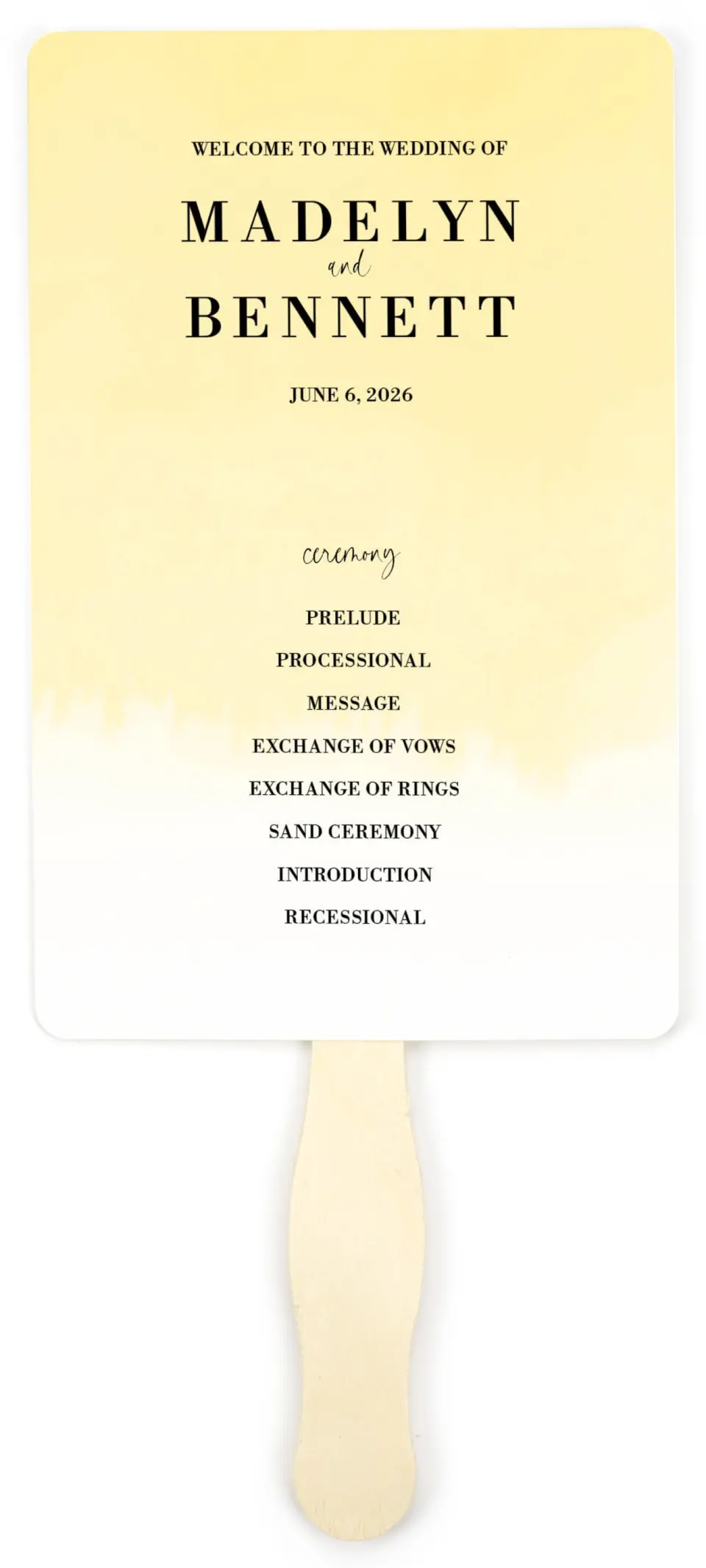 This is a 5" x 7⅞" Wedding Program Fan called Cascading Light printed in full color with Gold foil on Luxe Satin (coated) paper