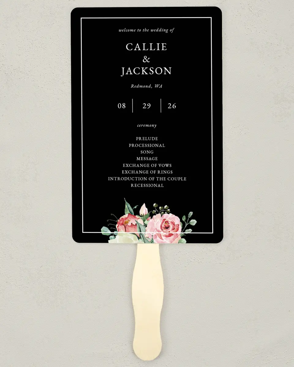 This is a 5" x 7⅞" Wedding Program Fan called Garden Dream printed in full color on Premium Smooth paper