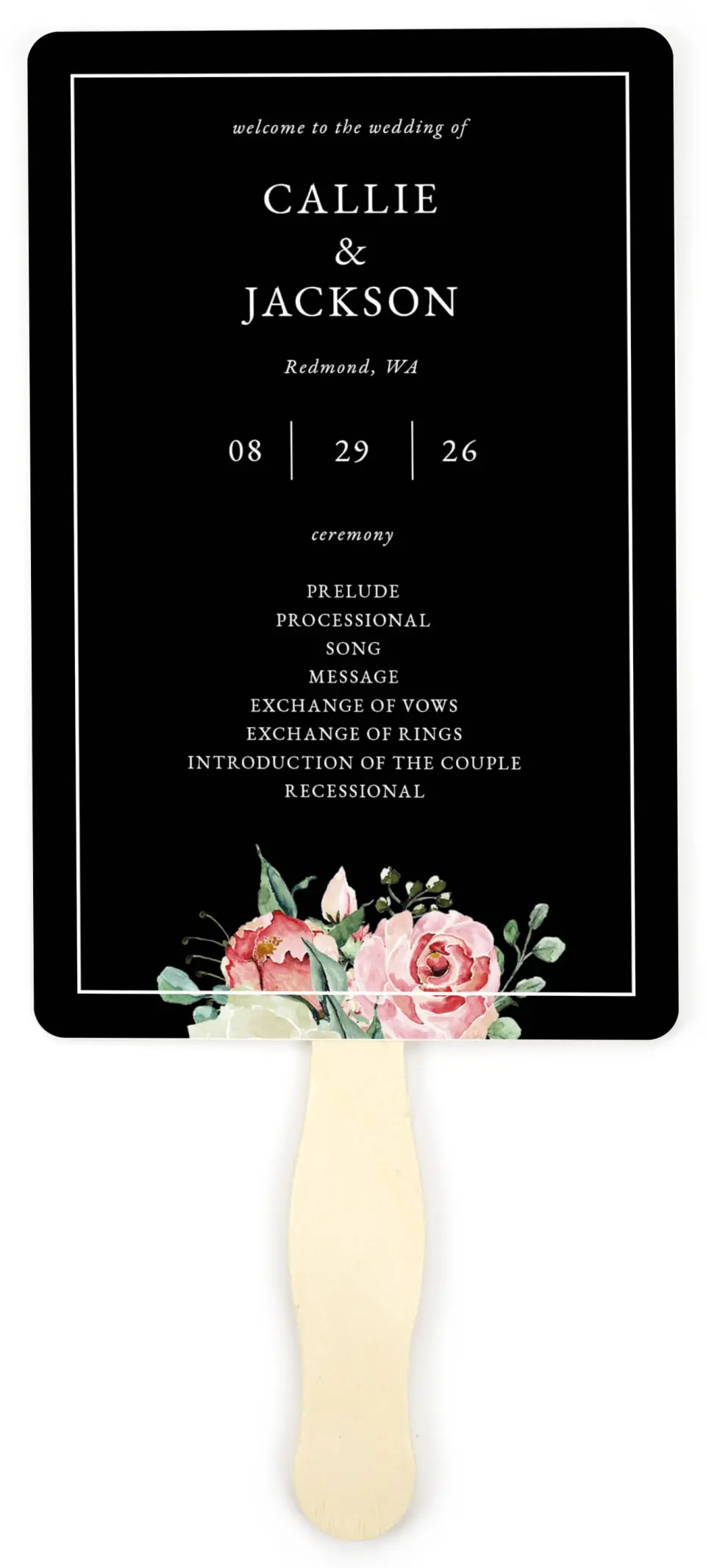 This is a 5" x 7⅞" Wedding Program Fan called Garden Dream printed in full color on Premium Smooth paper