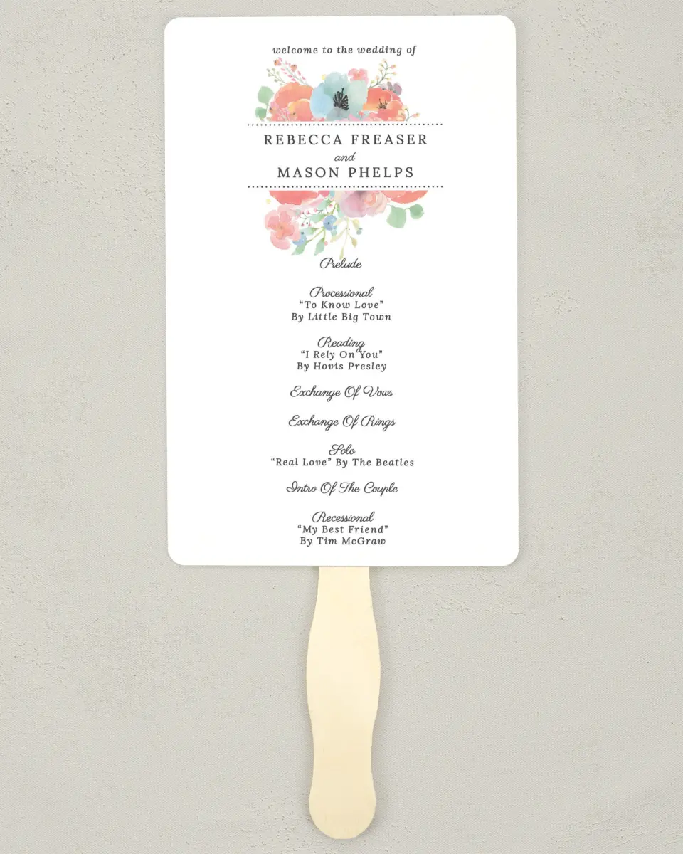 This is a 5" x 7⅞" Wedding Program Fan called Joyful Medley printed in full color on Premium Smooth paper