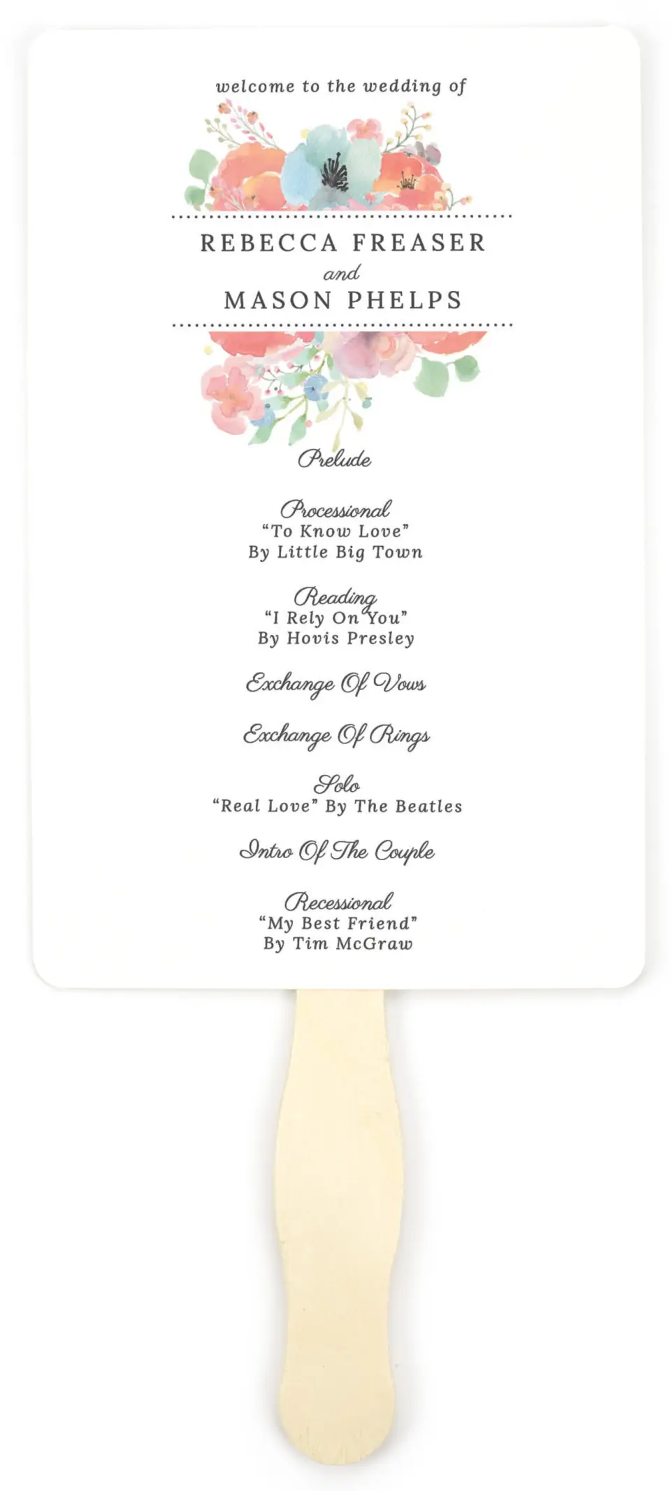 This is a 5" x 7⅞" Wedding Program Fan called Joyful Medley printed in full color on Premium Smooth paper